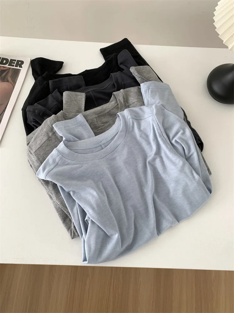Camiseta de manga larga para mujer, de seda y lana empalmada, top fino, suave, ceroso, de color liso, para primavera y verano.