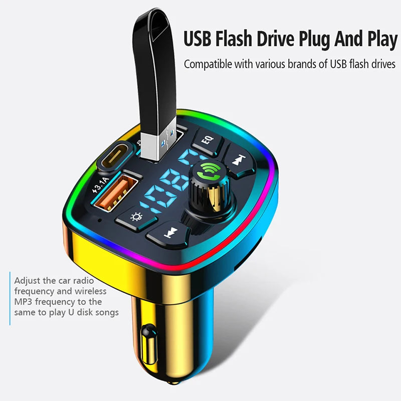 Bluetooth 5.0 FM Transmitter for Car, Wireless Adapter, Microphone, Audio Receiver, Automatic MP3 Player, Dual 2.1A USB Quick Charger, Car Accessories