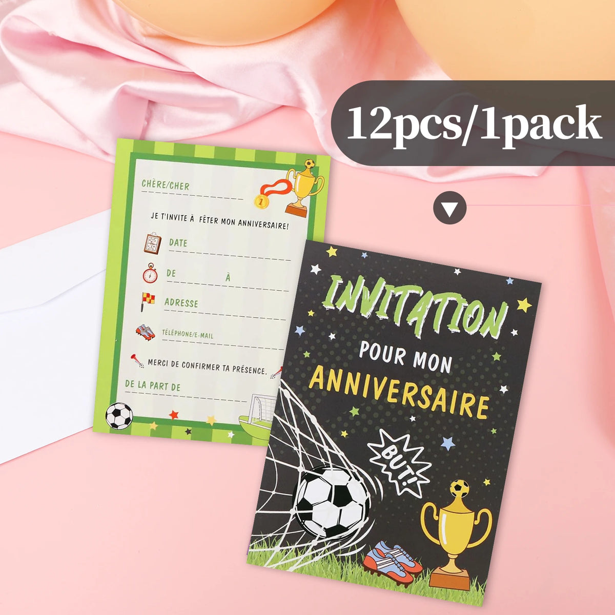 12 Cartes d’Invitation Anniversaire Thème Football — Design But & Trophée, Garçon & Fille