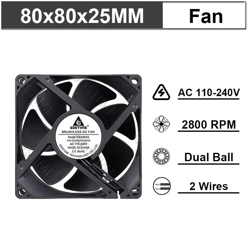 Ventilateur de refroidissement Gdstime 8025 2 broches 48V DC 5V 12V 24V 80mm, ventilateur axial USB à double roulement à billes 80x80x25mm, ventilateur de refroidissement pour boîtier PC 8CM