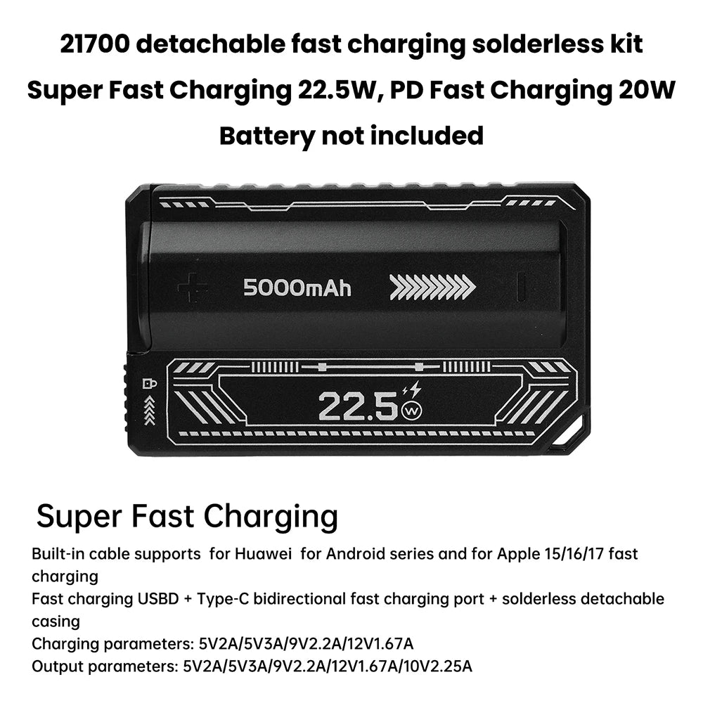 Boîtier de batterie externe 21700 PD 20W, charge rapide, câble intégré, batterie externe détachable, boîtier de batterie DIY (sans batterie)