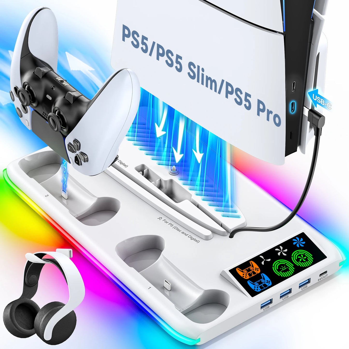 Soporte para PS5/PS5 Slim/PS5 Pro, con gancho para auriculares, soporte de refrigeración y estación de carga para controladores, con ventilador de refrigeración de 3 niveles