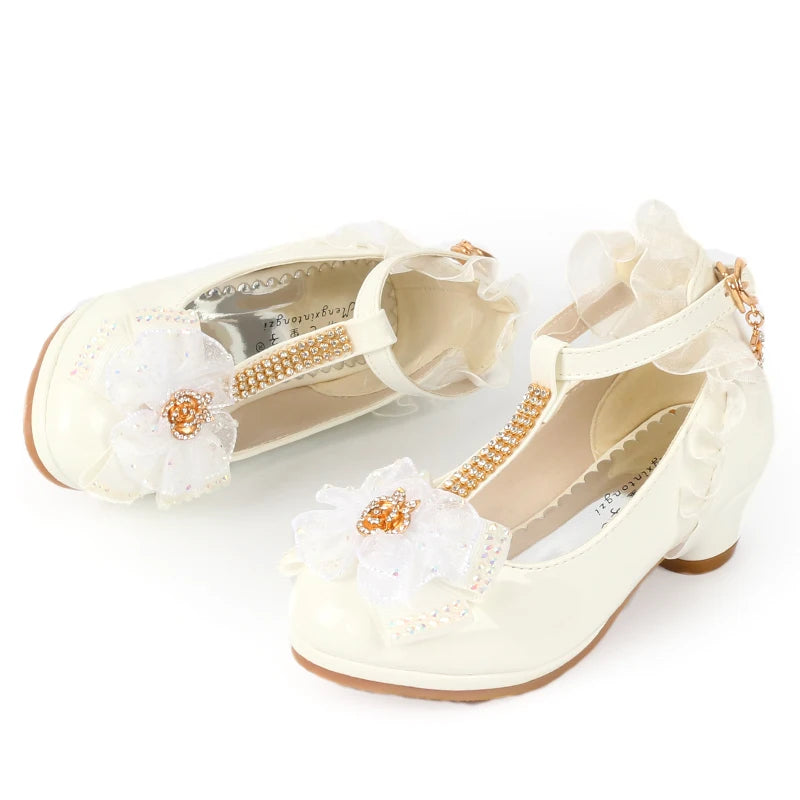 ULKNN Girls high heel sandals pink leather buckle strap children's gladiators white bow tie shoes size 26-37 soft toddler shoes