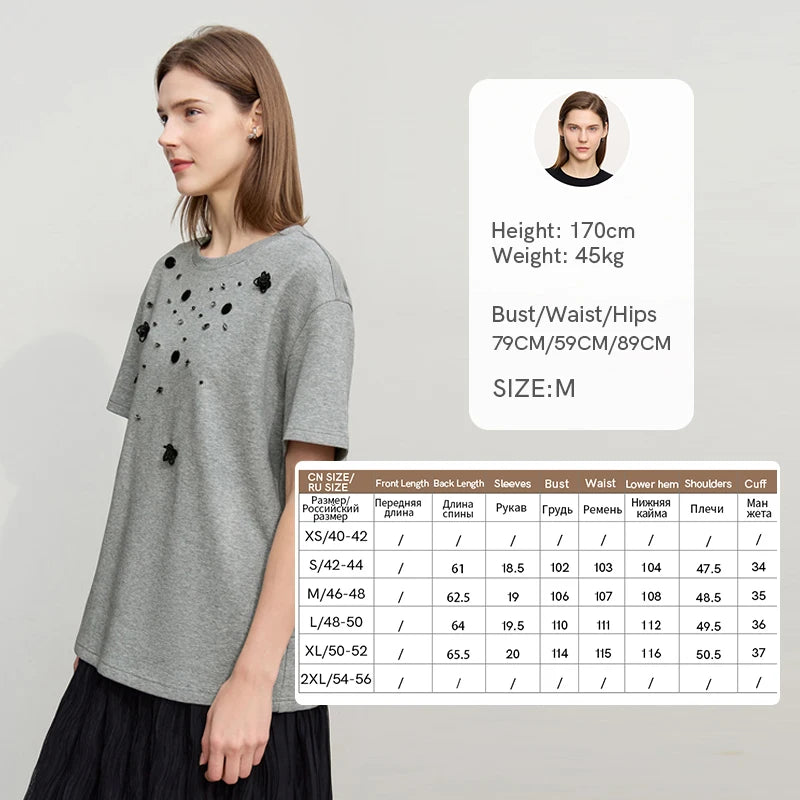 T-shirt femme 2026 — col rond, perle tridimensionnelle, fleur, diamant, tricot, ample