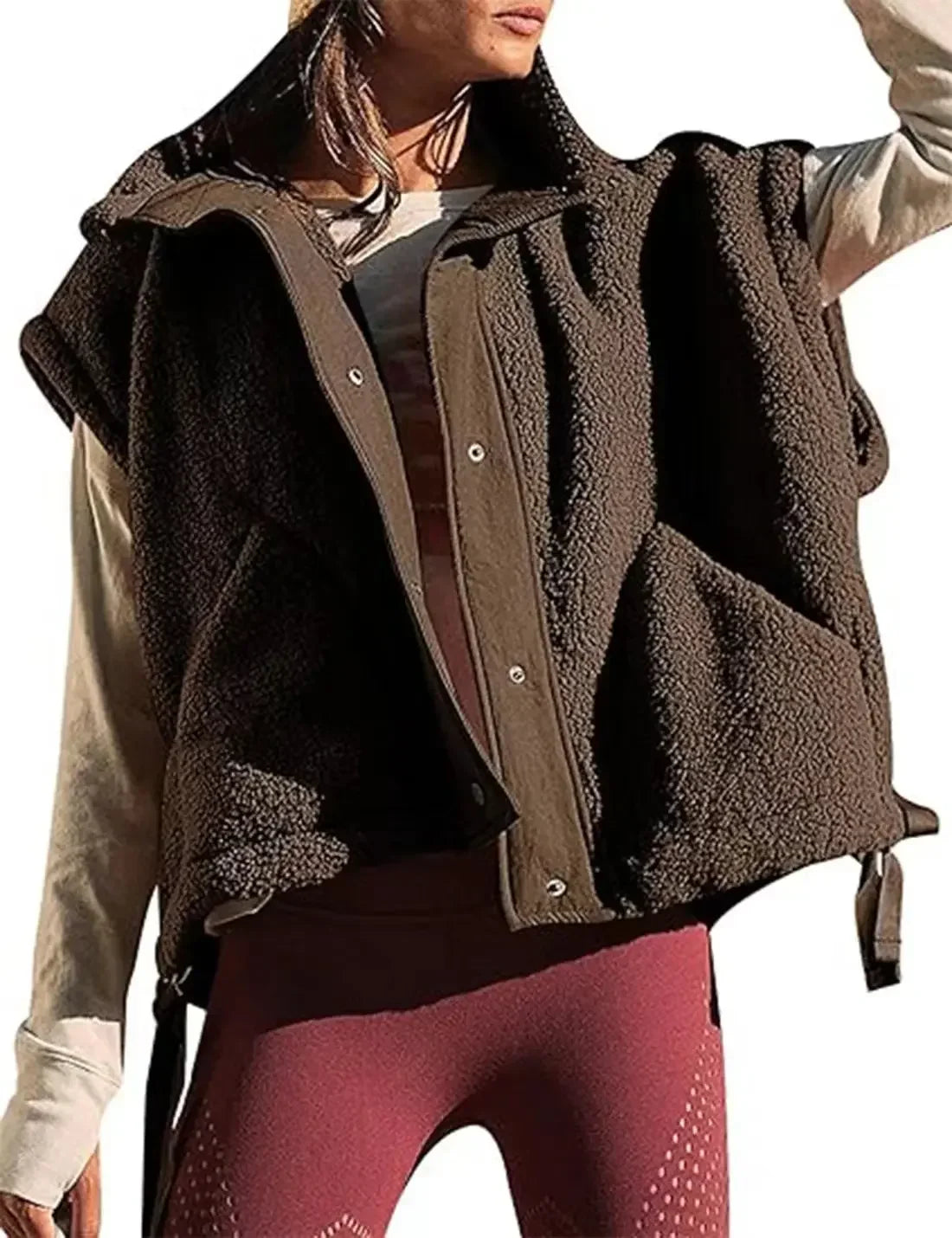 Chaleco polar de felpa para mujer, de talla grande, sin mangas, Sherpa, cálido, con botones, prendas de abrigo con bolsillos