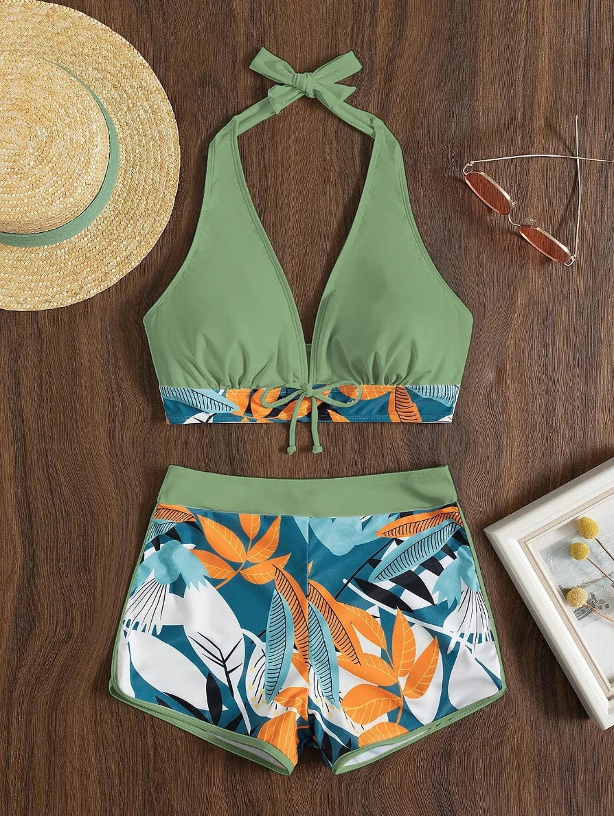 Ensemble de bikini halter 2026, maillot de bain court pour femme, maillot de bain taille haute imprimé, tenue de plage