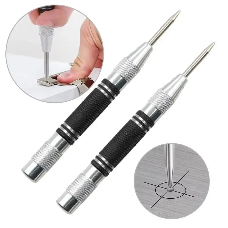 Automatic center punch, hole marker, wood, metal, steel, spring-loaded, drill locator, heavy-duty punch, carpentry, automatic hand tool