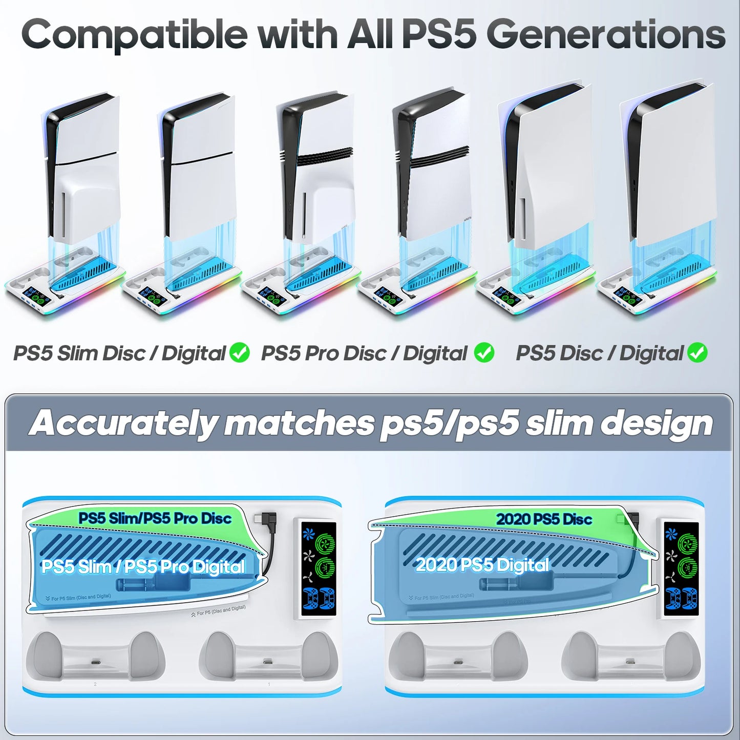 Soporte para PS5/PS5 Slim/PS5 Pro, con gancho para auriculares, soporte de refrigeración y estación de carga para controladores, con ventilador de refrigeración de 3 niveles
