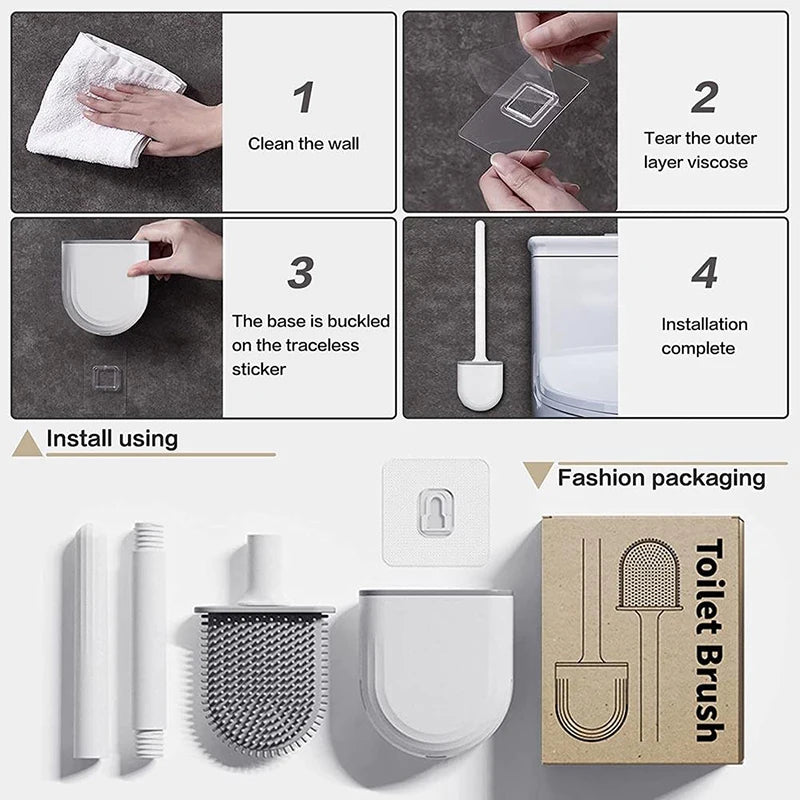 Brosse de toilette murale avec support, brosse de toilette en silicone à long manche, poils souples, accessoires pour livres et WC