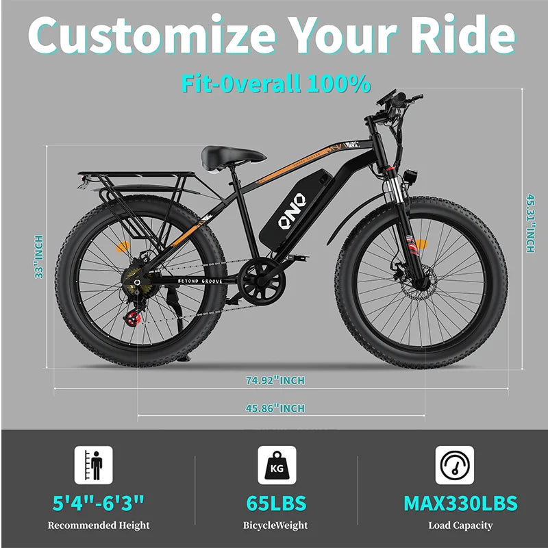 QNQ Q26 Electric Bicycle 1500W Motor 48V15AH Lithium Battery 26 Inch Fat Tire Snow E-bike