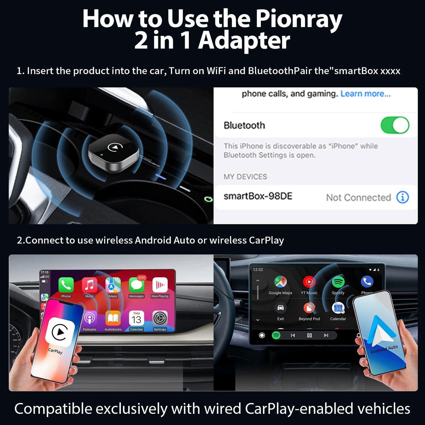2026 Adaptador Inalámbrico CarPlay / Android Auto 2 en 1 Pionray - Conexión WiFi 5G Rápida - Plug and Play USB C