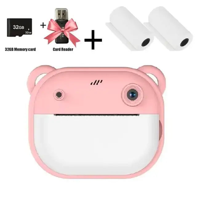 Cámara instantánea para niños, minicámara de vídeo digital para niños, pantalla 1080P, impresión de papel térmico + tarjeta de memoria de 32G