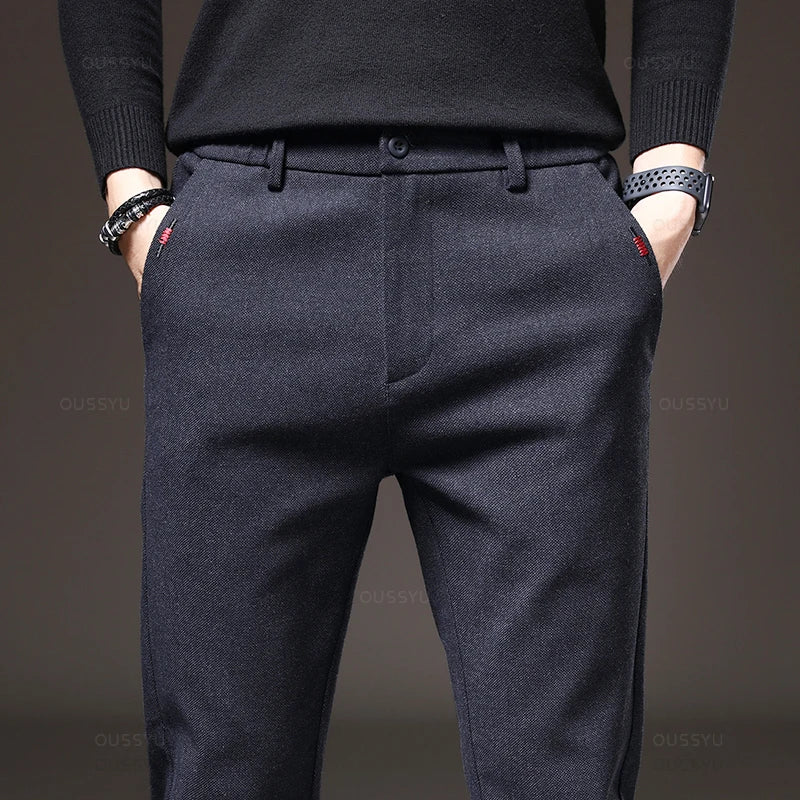 Pantalon décontracté pour homme, coupe slim, taille élastique, extensible, en coton épais, gris et noir, style business, nouvelle collection printemps