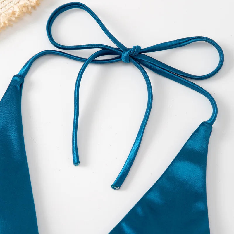 Licou brésilien métallique Satin Bikini femmes maillots de bain femme maillot de bain deux pièces Bikini ensemble coupe haute maillot de bain maillots de bain