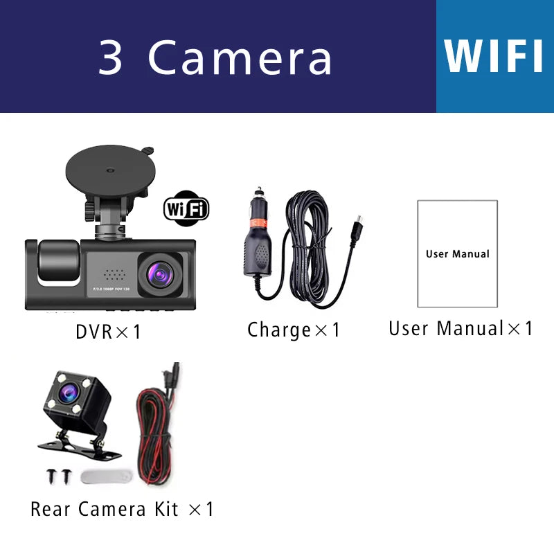 3 cámaras WIFI Dash Cam cabina de coche Dvr 1080P vehículo interior tres vías canal Dvr grabador grabador de vídeo Dashcam videocámara