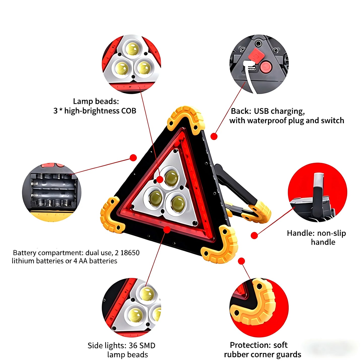 Triangle de signalisation d'urgence multifonctionnel pour voiture, panneau d'arrêt, lumière d'avertissement de panne de voiture, LED rouge, triangle multifonctionnel