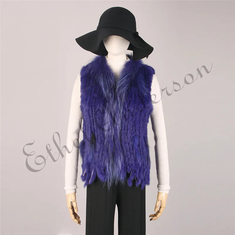 ETHEL ANDERSON – Chaleco con borlas de piel de conejo auténtica, chaleco de punto de alta calidad, vintage, de piel de mapache, ropa de abrigo