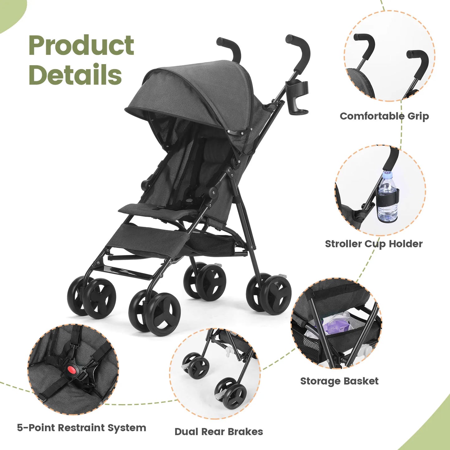 Lightweight, high-view folding baby stroller, can sit or lie down, four-wheel shock-absorbing portable travel stroller