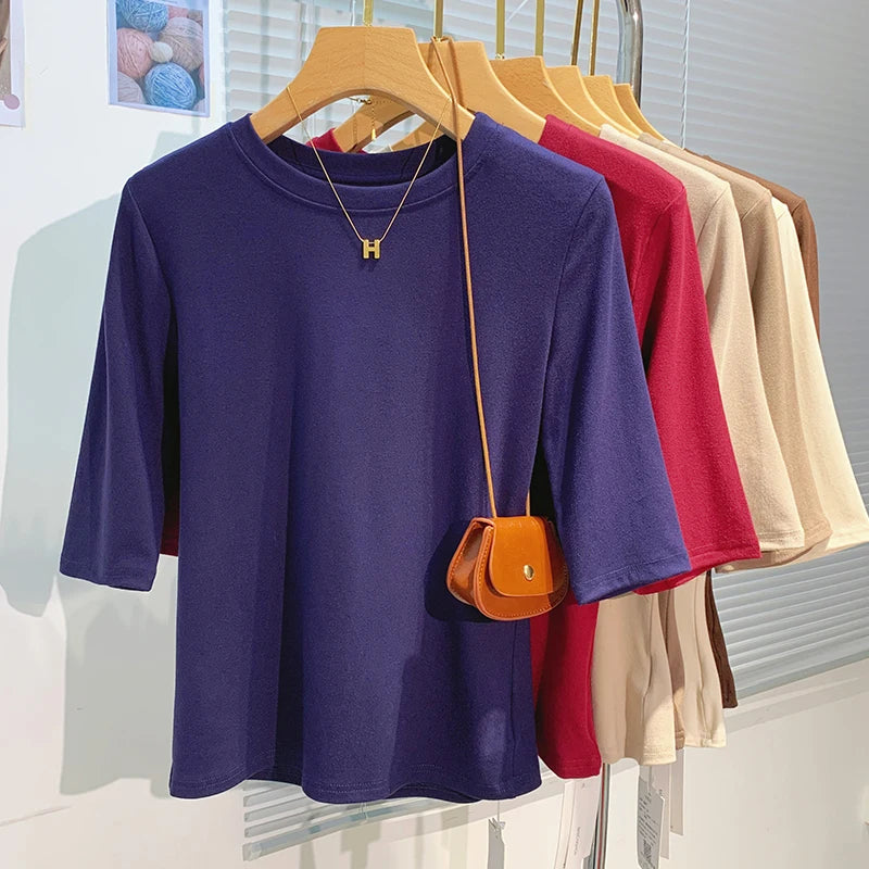 T-shirt femme 100% coton basique — col rond, tendance, uni, manches courtes, été 2026