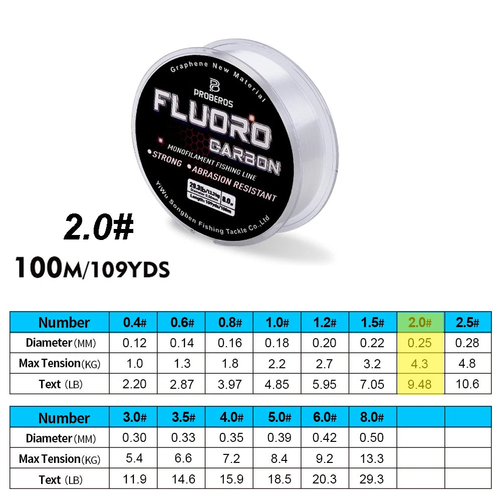 PROBEROS 100M ligne de pêche à revêtement fluorocarbone 2.2LB-29.3LB ligne de Leader Monofilament en Fiber de carbone ligne de pêche à la carpe