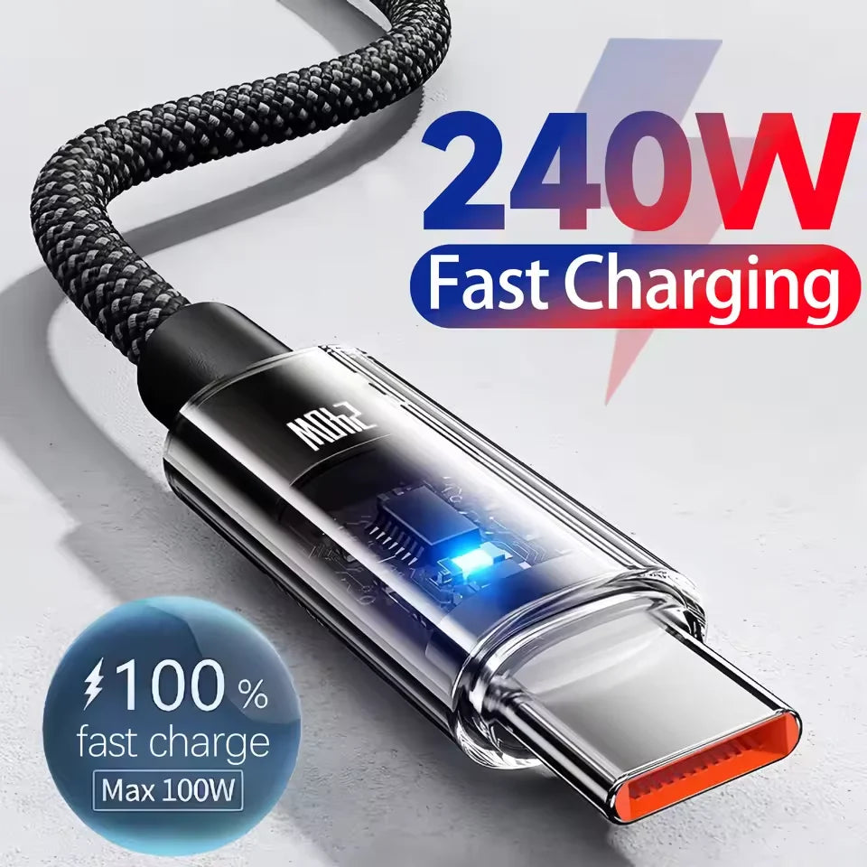 0,25/1/1,5/2M 240W Cable de datos de carga súper rápida USB C PD de nailon con pantalla digital LED, cables de datos de carga rápida USB a Tipo C