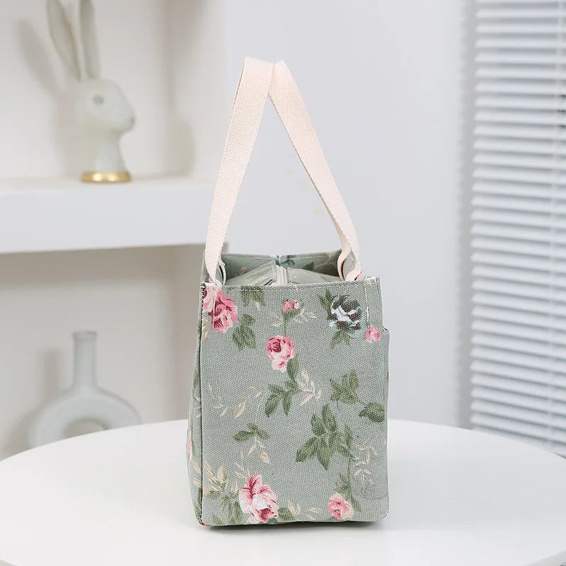 Bolsa de almuerzo estética con estampado floral, bolsa bento aislada de gran capacidad, bolsa térmica para la escuela, el trabajo, los viajes y pícnic