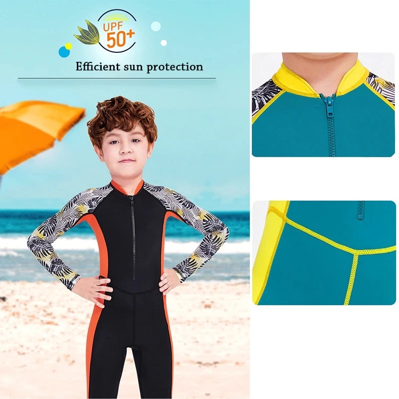 Maillots de bain une pièce pour enfants, maillot de bain pour garçons, manches longues, Protection solaire (y compris les bonnets de bain)