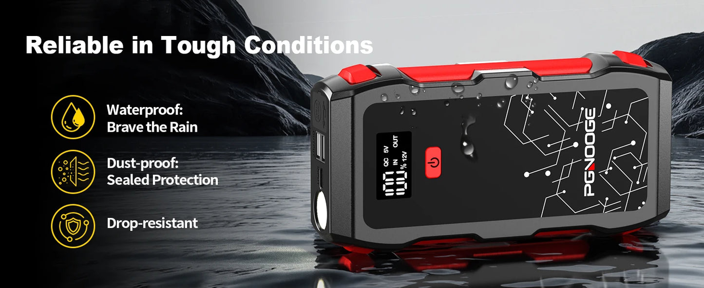PGNOOGE 26800mAh 6000A de Crête Démarreur de Batterie, Booster de Batterie pour Tous les Moteurs Essence et 10L Diesel, 12V Batterie Voiture avec Lampe Torche, Affichage LED, Charge Rapide USB