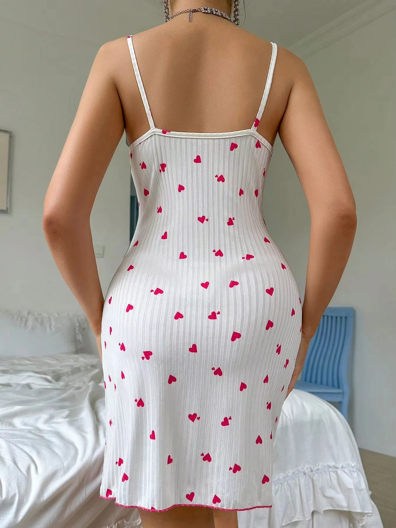 Women's Sexy Nightgown, Lace Trim, Camisole, Bow and Heart Print, Sleeveless, Elegant Ladies' Nightdress, New Collection