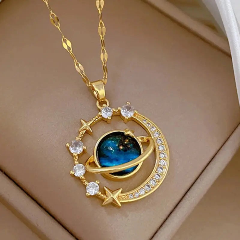 Collier astronaute étoile et planète pour femmes — couleur or, pendentif lune, chaîne clavicule, bijoux cadeau