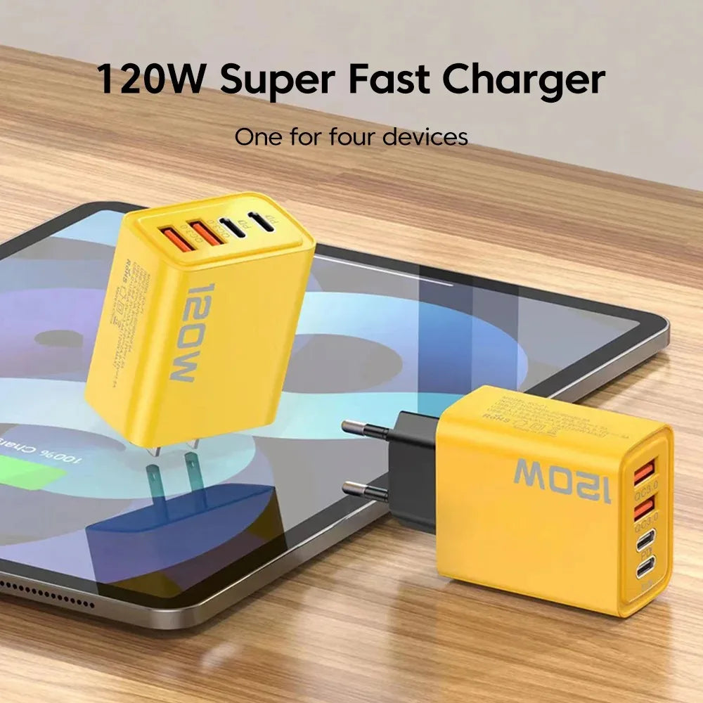 Cargador rápido USB de 120W en total, 4 puertos PD, carga rápida USB 3.0, tipo C, enchufe universal de pared para UE, EE. UU., Reino Unido, adaptador de carga USB C.