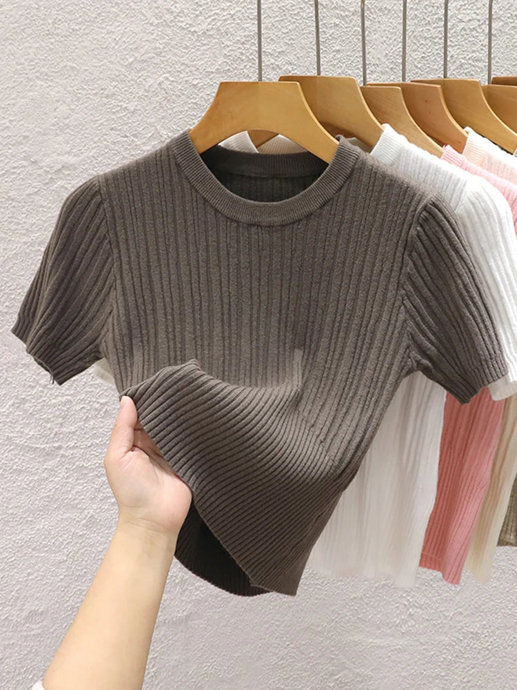 T-shirts d'été 2026 pour femmes – Décontractés, style coréen, tricotés, streetwear, basiques, unis, jeunes et tendance