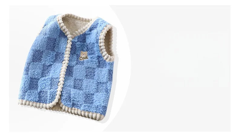 Chaqueta polar para niños, chaleco cálido de doble capa con estampado a cuadros, para niños y niñas, ropa de abrigo sin mangas para otoño e invierno