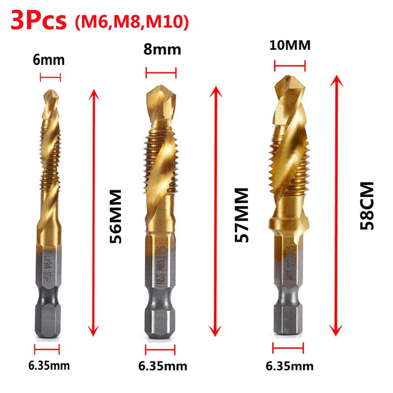 Forets tarauds plaqués titane tige hexagonale HSS — M3, M5, M6, M8, M10, outils à main