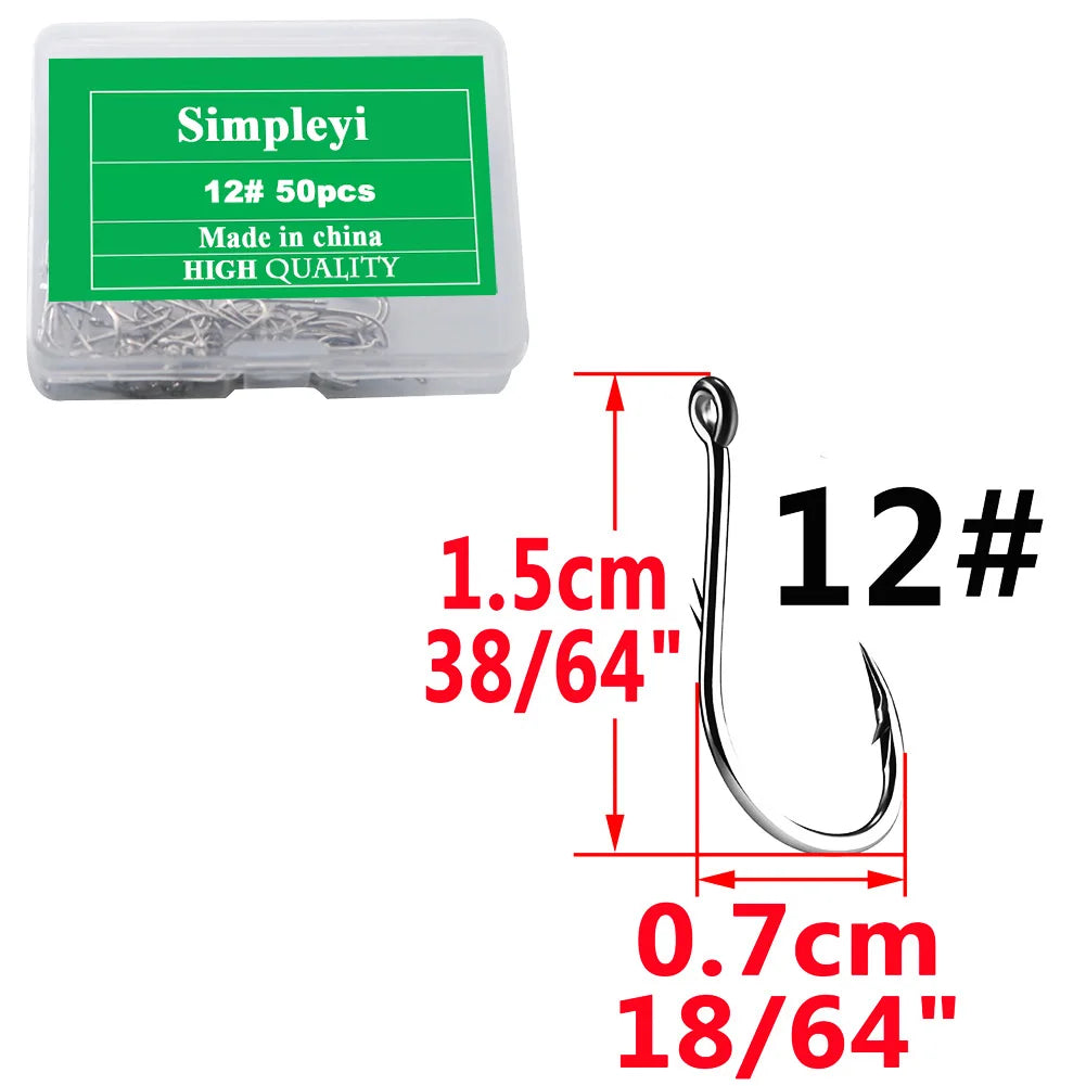 Anzuelos de pesca de acero con alto contenido de carbono, con púas, juego de anzuelos circulares individuales, lombriz marina, carpa, accesorios de pesca con mosca, anzuelo, 50 piezas por caja