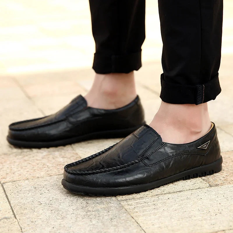 Men's Genuine Leather Casual Breathable Slip-On Black Driving Shoes, Plus Size 46, 2023
