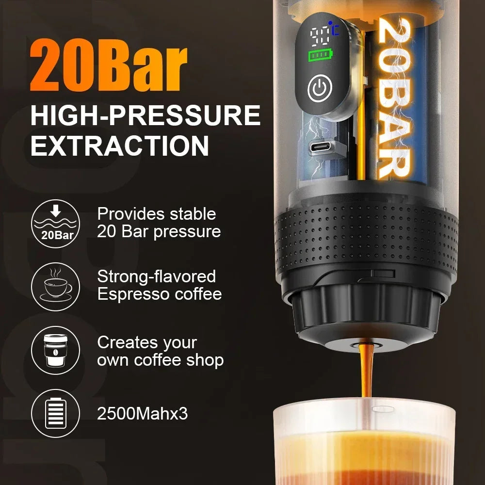 Machine à café expresso portable sans fil — voiture, camping, réservoir 80 ml, affichage numérique, 3 en 1, capsules et poudres
