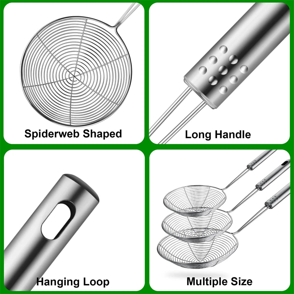 Fine Mesh Stainless Steel Skimmer Spoon, Multifunctional Spider Strainer with Long Handle for Frying Cooking and Noodle Sieve