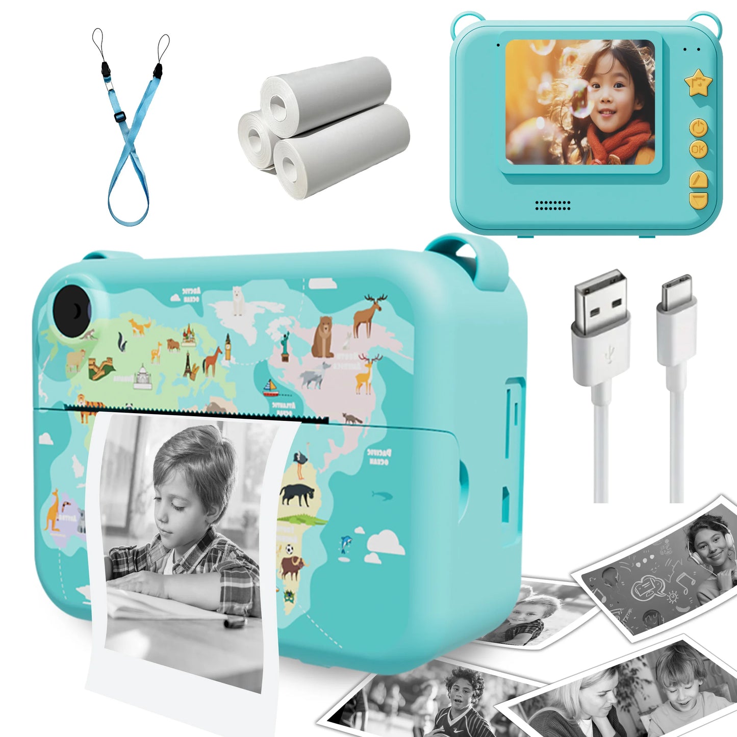 Cámara digital para niños, cámara instantánea para niños, grabadora de video HD 1080P, miniimpresora térmica para niños pequeños, regalos de cumpleaños