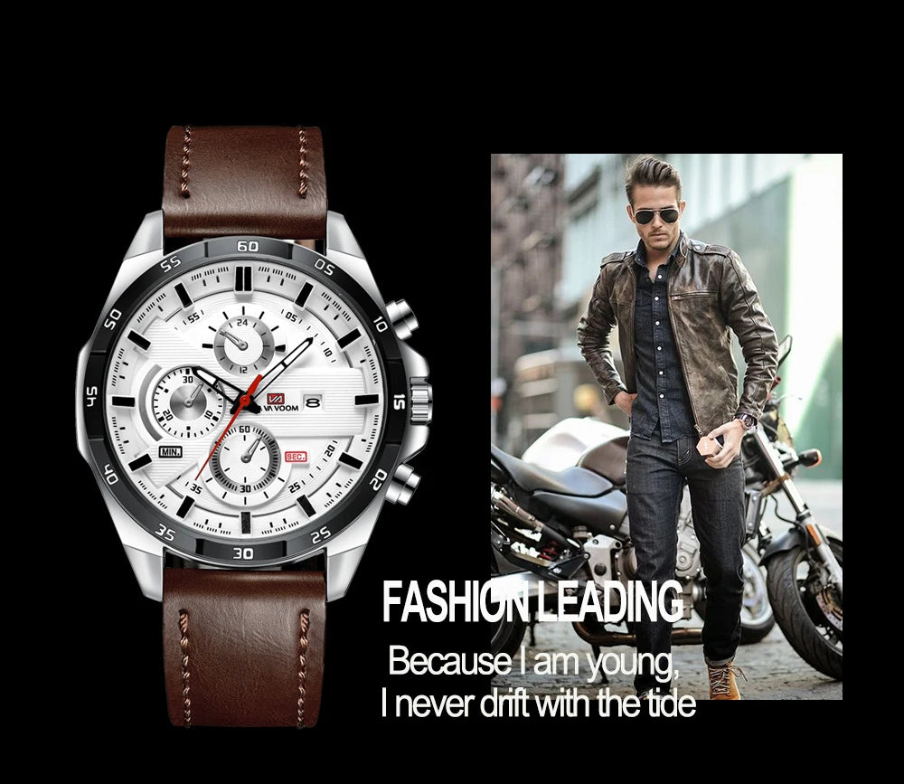 Montre à quartz en cuir pour homme, style sport, grand, décontracté, mode, original, noir, rose, or, calendrier, 46mm