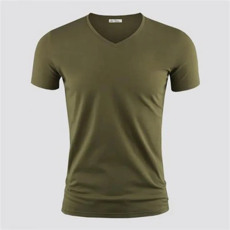 2026 hommes T-Shirt couleur Pure col en V à manches courtes hauts T-Shirts hommes T-Shirt collants noirs homme T-Shirts Fitness pour vêtements masculins