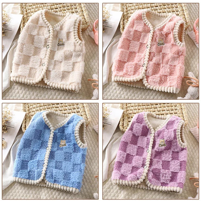 Chaqueta polar para niños, chaleco cálido de doble capa con estampado a cuadros, para niños y niñas, ropa de abrigo sin mangas para otoño e invierno