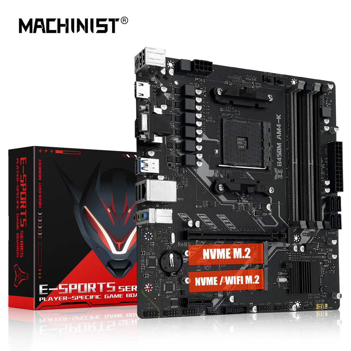 La carte mère MACHINIST B450M-AM4-K ADM prend en charge la série AM4 (processeur Ryzen 1-5) RAM DDR4 double NVME M.2 avec interface HDMI VGA DP
