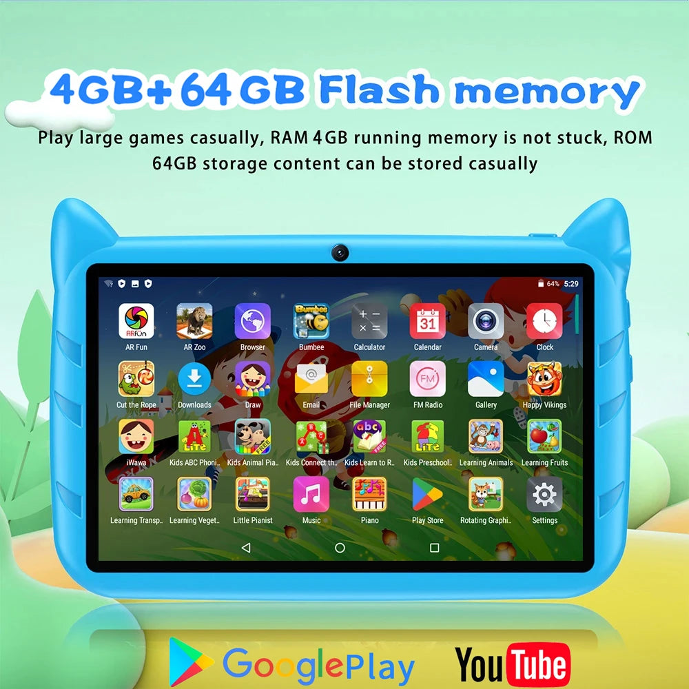 BDF-Tablet Android 13 para niños, extensión de 1 TB, 4 GB de RAM, 64 GB de ROM, WiFi 5G, batería de 4000mAh, cámara turística, regalo para niños, software para niños, 7 pulgadas