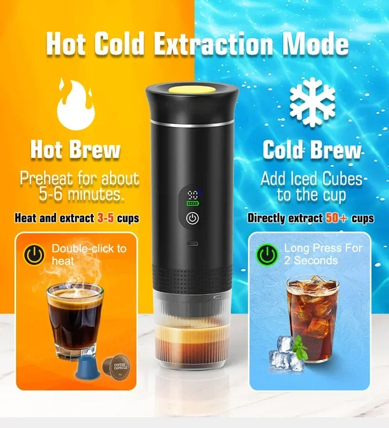Machine à café expresso portable sans fil — voiture, camping, réservoir 80 ml, affichage numérique, 3 en 1, capsules et poudres