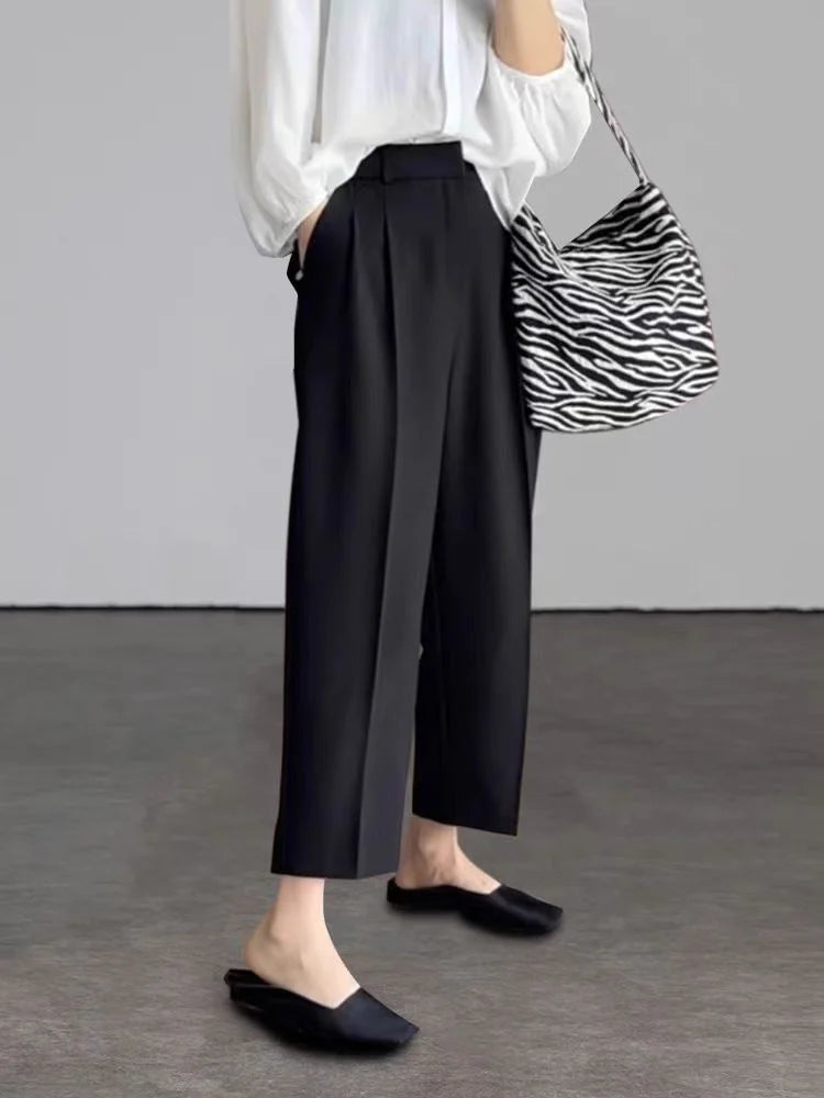 Botvotee Elegant Black Grey Ankle Length Suit Pants for Women High Waist Harem Fashion Trousers with Pockets