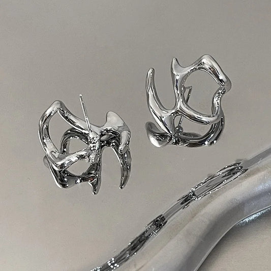 Y2K Irregular Liquid Earrings for Women, Silver Color, Hip-Hop Punk, Geometric Fashion, Girl's Clip, Trendy Party Jewelry 2024
