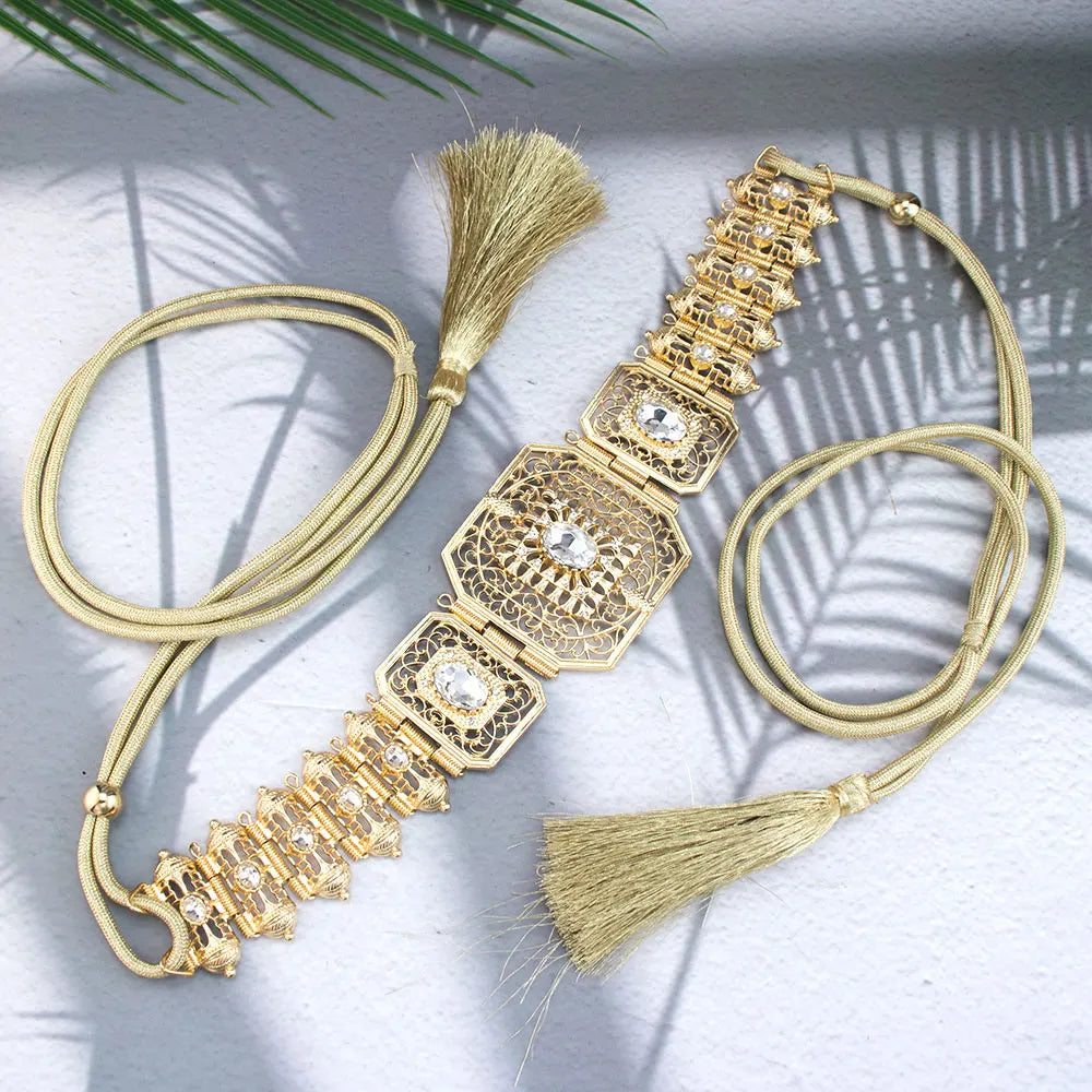 Gold Color Handmade Rope Belt, Algerian Moroccan Caftan for Women, Crystal Bridal Jewelry, Arab Festival Jewelry