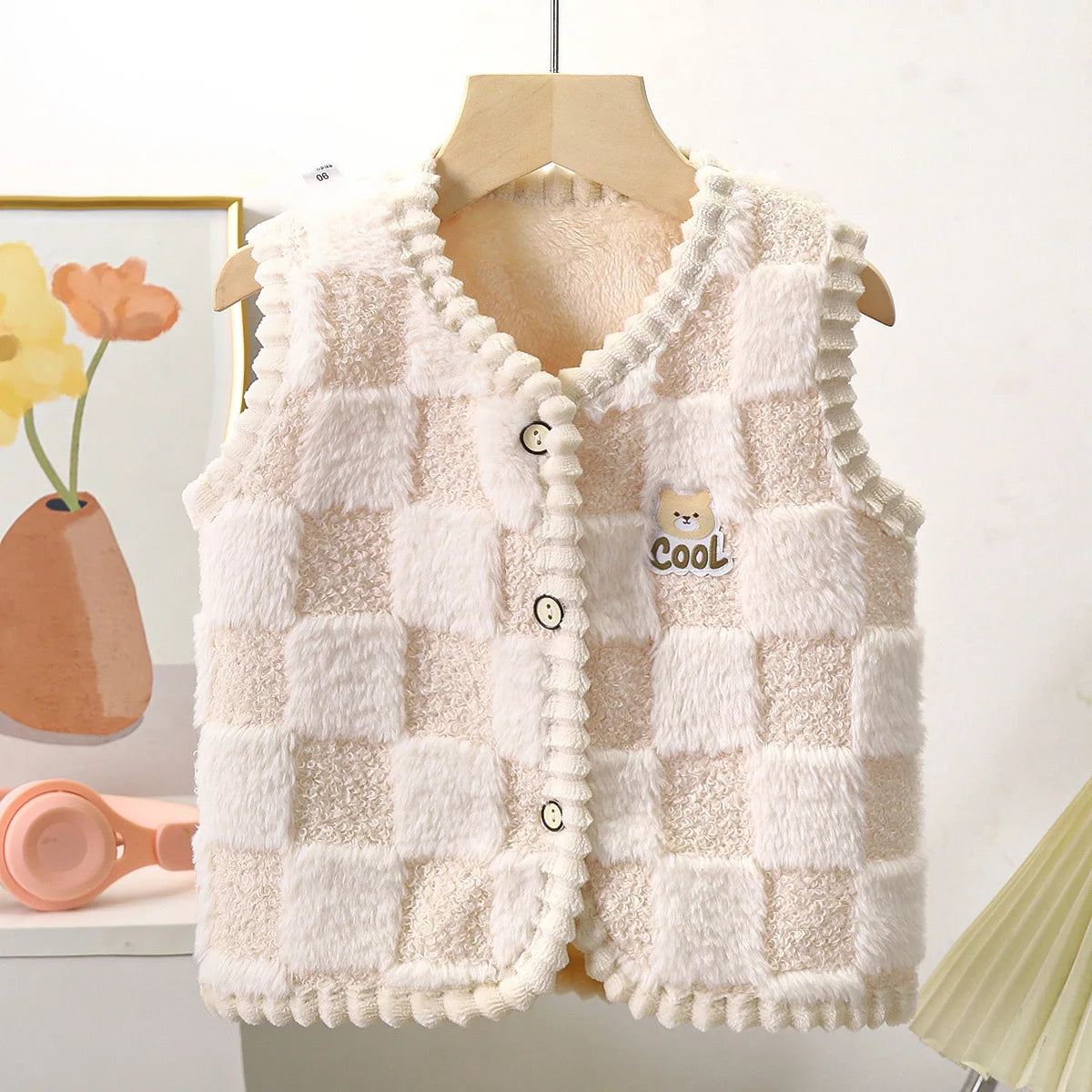 Chaqueta polar para niños, chaleco cálido de doble capa con estampado a cuadros, para niños y niñas, ropa de abrigo sin mangas para otoño e invierno