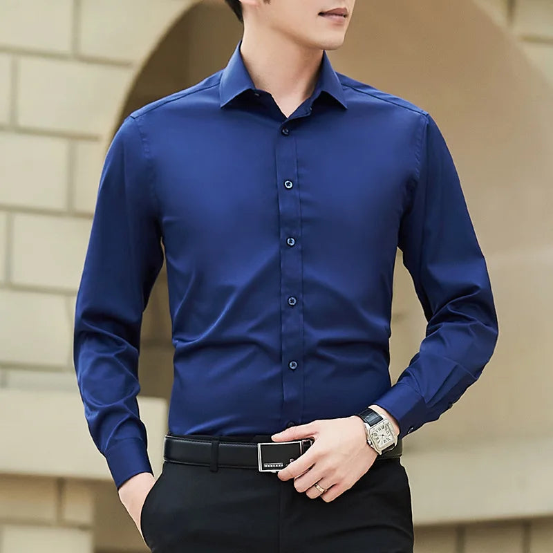 Men's Long-Sleeve Business Shirt, Plus Size, Solid Color, Classic Fashion, Basic, Casual, Slim, White, Brand Apparel, New Collection